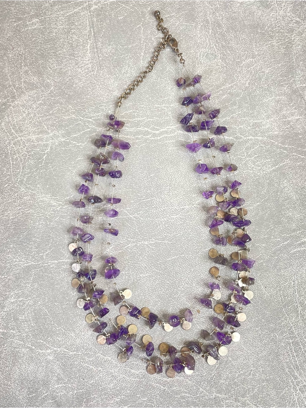 Three Strand Amethyst Chip Necklace with Silver Disc Accents 14”